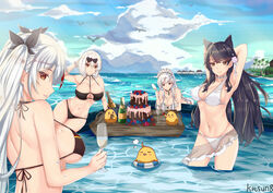  4girls absurdres adapted_costume alcohol animal_ears armpits arms_behind_head artist_name atago_(azur_lane) atago_(summer_march)_(azur_lane) azur_lane belfast_(azur_lane) bikini black_bikini black_choker black_hair black_ribbon breasts cake champagne champagne_flute choker cleavage cloud cup day drinking_glass extra_ears eyewear_on_head flag_print flower food frilled_hairband frills german_flag_bikini hair_flower hair_ornament hair_ribbon hairband halterneck heart heart-shaped_eyewear highres innertube kitsun8 large_breasts light_purple_hair long_hair looking_at_viewer looking_back maid_headdress manjuu_(azur_lane) mole mole_under_eye multicolored_hair multiple_girls navel o-ring o-ring_bikini o-ring_top official_alternate_costume orange_eyes outdoors pink-framed_eyewear pink_flower prinz_eugen_(azur_lane) prinz_eugen_(unfading_smile)_(azur_lane) purple_eyes red_eyes red_hair ribbon sarong scrunchie see-through see-through_sarong short_hair sideboob sirius_(azur_lane) sirius_(scorching-hot_seirios)_(azur_lane) stomach streaked_hair string_bikini striped_innertube sunglasses swim_ring swimsuit two-tone_hair underboob very_long_hair wading water white_bikini white_choker white_hair white_sarong white_scrunchie wrist_scrunchie yellow_eyes 