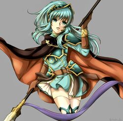  aqua_eyes aqua_hair armor belt brown_gloves cape cosplay earrings eirika_(fire_emblem) ephraim_(fire_emblem) ephraim_(fire_emblem)_(cosplay) female fire_emblem fire_emblem:_the_sacred_stones fire_emblem_heroes gloves grey_background holding holding_polearm holding_weapon jewelry lance long_hair looking_at_viewer open_mouth polearm polearm_behind_back ponytail shoulder_armor sidelocks skirt solo tankei_fm thighhighs weapon 