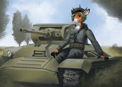  2019 anthro armored_vehicle black_nose brown_eyes chest_tuft clothed clothing cloud deer detailed_background eyebrows fully_clothed fur grass green_hair hair horn landscape looking_at_viewer mammal military military_clothing military_jacket military_pants military_uniform military_vehicle orange_body orange_fur plant shrub sitting sky skyscape tank thepimpartist traditional_media_(artwork) tree tuft uniform valentine_(tank) valentine_mk_iv vehicle white_body white_fur white_tuft world_war_2 