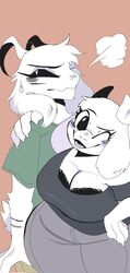  anthro asriel_dreemurr big_breasts black_bra black_clothing black_eyes black_sclera black_underwear blush blush_lines boss_monster_(undertale) bovid bra breasts caprine claws clothing curvy_figure digital_media_(artwork) duo female fluffy fur goat green_clothing grey_clothing hair hi_res horn huge_breasts long_ears looking_at_viewer looking_away male mammal mature_anthro mature_female nails open_mouth puppkittyfan1 simple_background smile teeth tongue topwear toriel undertale undertale_(series) underwear voluptuous white_body white_eyes white_fur 