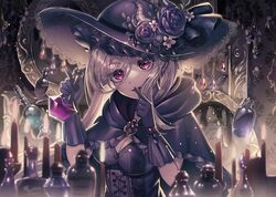  blonde_hair bottle breasts brooch candle capelet cleavage commentary corset female finger_to_mouth flower gloves hat highres holding jewelry kozou_kazaru lace_trim light_particles looking_at_viewer low_twintails medium_breasts open_mouth original purple_gloves red_eyes shaded_face solo sparkle twintails upper_body witch witch_hat 