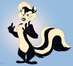  3_toes 4_fingers anthro bedroom_eyes black_body black_eyes black_fur eyebrows feet fingers fluffy fluffy_tail fur grin looney_tunes male mammal markings mephitid mimi-fox narrowed_eyes pepe_le_pew raised_eyebrow seductive signature simple_background skunk smile solo standing striped_body striped_fur striped_markings striped_skunk striped_tail stripes tail tail_markings three-quarter_view toes warner_brothers white_body white_fur 