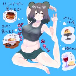  alcohol alternate_costume animal_ears barefoot black_eyes blue_background blush breasts burger cheese closed_mouth commentary_request cookie_(touhou) crop_top cup drinking_glass feet female food full_body green_shorts grey_hair grey_shirt large_breasts mouse_ears nazrin noodles nyon_(cookie) pigeon_pose plump psychic_parrot pudding ramen shirt short_hair shorts simple_background sleeveless sleeveless_shirt soles solo stretching thought_bubble toes touhou toy_car translation_request weight_conscious wine wine_glass yoga 