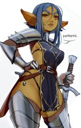  absurdres armor armored_legwear blue_hair blue_tabard colored_skin commentary dagger english_commentary english_text female female_goblin fewer_digits goblin green_skin highres holding holding_weapon knife maewix_(artist) original pelvic_curtain plate_armor pointy_ears rissma_(maewix) sheath sheathed shoulder_armor solo tabard weapon 