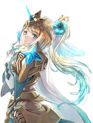  absurdres alternate_costume alternate_hair_length alternate_hairstyle armor armored_dress blonde_hair blue_hair blush cape clear_glass_(mildmild1311) closed_mouth commentary_request dress female fingers_together fire_emblem fire_emblem_heroes fjorm_(fire_emblem) flower gloves gold_trim gradient_hair hair_flower hair_ornament hands_up highres jewelry long_hair looking_at_viewer multicolored_hair official_alternate_costume ponytail shoulder_armor simple_background smile solo tiara two-tone_hair 