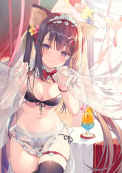  animal_ear_fluff animal_ears apron bad_id bad_twitter_id bikini black_bikini black_hair black_thighhighs bow bowtie breasts cat_ears cleavage cowboy_shot cup curtain_grab curtains detached_collar drinking_glass drinking_straw female flower front-tie_bikini_top front-tie_top hair_flower hair_ornament hairclip headdress highres holding hurricane_glass long_hair looking_at_viewer maid maid_apron maid_bikini maid_headdress medium_breasts midriff miwabe_sakura mole mole_under_eye navel orange_eyes original side-tie_bikini_bottom skindentation smile solo stomach swimsuit thigh_strap thighhighs thighs tropical_drink twintails unconventional_maid very_long_hair waist_apron 