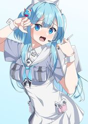  animal_ear_headphones animal_ears arms_up blue_eyes blue_hair blue_neckerchief blue_serafuku blush chiraimori_tt collared_dress cowboy_shot crop_top dress embarrassed fake_animal_ears female goddess_of_victory:_nikke gradient_background headphones headset holding holding_tablet_pc long_hair neckerchief pouch school_uniform serafuku shifty_(nikke) short_sidetail short_sleeves side_ponytail solo stylus tablet_pc wrist_cuffs 