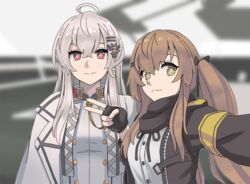  2girls ahoge armband black_gloves black_jacket brown_eyes brown_hair coat collared_jacket commentary dress_shirt fingerless_gloves girls&#039;_frontline gloves hair_between_eyes hair_ornament hairclip iws_2000_(girls&#039;_frontline) jacket long_hair long_sleeves looking_at_viewer multiple_girls open_clothes open_jacket overcoat reaching reaching_towards_viewer red_eyes scar scar_across_eye scar_on_face selfie shirt smile tab_(tabkun) twintails ump9_(girls&#039;_frontline) upper_body v white_hair white_jacket white_shirt white_uniform yellow_armband 