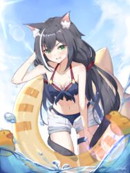  animal_ear_fluff animal_ears bad_id bad_pixiv_id bare_shoulders bikini black_bikini black_hair blue_sky blush breasts cat_ears cat_girl cat_tail collarbone commentary female green_eyes hair_between_eyes haru_on highres innertube innertube_with_ears karyl_(princess_connect!) karyl_(summer)_(princess_connect!) leaning_forward lens_flare long_hair looking_at_viewer low_twintails medium_breasts multicolored_hair navel ocean open_mouth princess_connect! rubber_duck shorts sky solo streaked_hair sunlight swim_ring swimsuit tail thighs twintails very_long_hair wading water wet white_hair white_shorts 