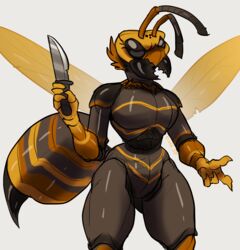  2020 4_fingers antennae_(anatomy) anthro arthropod arthropod_abdomen asian_giant_hornet digital_media_(artwork) female fingers fivel holding_knife holding_object hornet hymenopteran insects knife simple_background solo vespid wasp white_background 