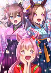  3girls alternate_costume animal_ears blurry blurry_background cherry_blossoms commentary_request flower flower_in_eye forehead hair_between_eyes hair_flower hair_ornament hakama haru_urara_(first_urara_saku_sakura)_(umamusume) haru_urara_(umamusume) highres horse_ears horse_girl japanese_clothes kimono long_hair looking_at_viewer medium_hair multiple_girls open_mouth otono_(bkt4b) pink_hair sakura_bakushin_o_(umamusume) sakura_chiyono_o_(umamusume) symbol_in_eye tree umamusume 