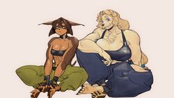  16:9 2023 4_toes 5_fingers abs anthro arm_support bandeau barefoot belt_collar biceps big_breasts biped bird_dog black_nails blonde_hair blue_eyes blush bottomwear breasts brown_body brown_fur brown_hair brown_nails canid canine canis cc_notbad chest_tuft cleavage clothed clothing collarbone colored_nails crop_top crossed_legs dobermann dog_knight_rpg domestic_dog duo ears_down feet female fingerless_gloves fingers fur gloves golden_retriever hair handwear hi_res huge_breasts humanoid_feet humanoid_hands hunting_dog jeane_(ceehaz) long_hair looking_at_another looking_at_viewer mammal midriff muscular muscular_anthro muscular_female nails orange_eyes pants pawpads pinscher pivoted_ears plantigrade retriever rory_(ceehaz) shirt short_hair simple_background sitting size_difference smile soles stirrup_footwear tied_hair toes topwear tuft white_background widescreen 