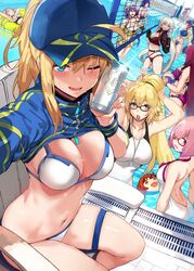  6+girls :d ;d ahoge animal_ear_fluff animal_ears armpits artist_name artoria_pendragon_(fate) ass ball bare_shoulders baseball_cap bb_(fate) bb_(swimsuit_mooncancer)_(fate) bb_(swimsuit_mooncancer)_(first_ascension)_(fate) bikini bikini_under_clothes black_bikini black_gloves black_jacket blonde_hair blue_bikini blue_eyes blue_headwear blush bracelet breasts can choker cleavage clenched_hands collarbone commentary competition_swimsuit day ears_through_headwear fate/grand_order fate_(series) fox_ears fox_tail fujimaru_ritsuka_(female) glasses gloves grey_hair hair_between_eyes hair_ornament hair_over_one_eye hair_ribbon hair_through_headwear hair_tie_in_mouth hands_up hat hews highres holding holding_ball holding_can holding_own_hair jacket jeanne_d&#039;arc_(fate) jeanne_d&#039;arc_(swimsuit_archer)_(fate) jeanne_d&#039;arc_(swimsuit_archer)_(second_ascension)_(fate) jeanne_d&#039;arc_alter_(fate) jeanne_d&#039;arc_alter_(swimsuit_berserker)_(fate) jewelry large_breasts long_hair looking_at_viewer mash_kyrielight mash_kyrielight_(swimsuit_of_perpetual_summer) medb_(fate) medb_(swimsuit_saber)_(fate) medb_(swimsuit_saber)_(second_ascension)_(fate) medium_breasts minamoto_no_raikou_(fate) minamoto_no_raikou_(swimsuit_lancer)_(fate) mouth_hold multiple_girls mysterious_heroine_xx_(fate) navel o-ring o-ring_bikini official_alternate_costume one-piece_swimsuit one_eye_closed open_mouth orange_hair parody pink_hair ponytail purple_bikini purple_eyes purple_hair ribbon riyo_(lyomsnpmp)_(style) scathach_(fate) scathach_(swimsuit_assassin)_(fate) shirt short_hair shrug_(clothing) side-tie_bikini_bottom side_ponytail sideways_hat sitting skirt smile sparkle star_(symbol) straw_hat style_parody sun_hat sweat swimsuit tail tamamo_(fate) tamamo_no_mae_(swimsuit_lancer)_(fate) thigh_strap tiara twintails very_long_hair volleyball volleyball_(object) volleyball_net wading watermark whistle whistle_around_neck white_bikini white_one-piece_swimsuit yellow_eyes yellow_shirt yellow_skirt 