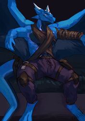  2023 absurd_res arm_wraps babanasaur blue_body bottomwear claws clothed clothing digital_drawing_(artwork) digital_media_(artwork) digitigrade dragon finger_claws hi_res horn looking_at_viewer male mythological_creature mythological_scalie mythology pants portrait scalie sitting solo tail wings wraps 