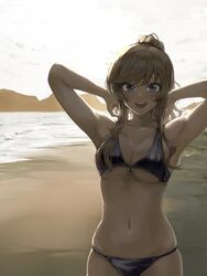  absurdres armpits arms_behind_head arms_up bad_id bad_twitter_id beach bikini black_bikini blonde_hair blue_eyes breasts collarbone female high_ponytail highres idolmaster idolmaster_cinderella_girls lamp_p9 large_breasts looking_at_viewer navel ocean ohtsuki_yui open_mouth outdoors sand sky smile solo swept_bangs swimsuit water 