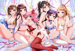  6+girls :d :o absurdres akari_(morikura_en) all_fours arm_garter arm_support ass ayano_(morikura_en) azusa_(morikura_en) backlighting bare_arms bare_shoulders bed_sheet black_choker black_hair blue_bra blue_choker blue_eyes blue_jacket blue_panties blunt_bangs blush bra breasts brown_eyes brown_hair choker cleavage closed_mouth collarbone confetti curtains earrings floral_print flower frilled_bra frilled_panties frills garter_straps glasses gloves green_eyes grin hair_between_eyes hair_flower hair_ornament hair_ribbon hair_scrunchie hanging_breasts head_on_chest highres himari_(morikura_en) hug jacket jewelry knees_up koharu_(morikura_en) lace lace-trimmed_bra lace_trim large_breasts lingerie lips lipstick long_hair looking_at_viewer makeup medium_breasts mio_(morikura_en) mole mole_under_eye morikura_en multi-strapped_bra multi-strapped_panties multiple_girls narrow_waist navel non-web_source off_shoulder on_bed one_side_up open_clothes open_jacket open_mouth original panties petals ponytail purple_eyes purple_ribbon red_bra red_eyes red_flower red_legwear red_panties ribbon ribbon_choker rose round_teeth scan scrunchie short_hair side-by-side sideboob sidelocks skindentation small_breasts smile stomach streamers sunflower teeth thighhighs thighs underwear underwear_only white_bra white_panties wide_hips wrist_cuffs 