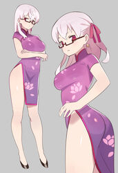  alternate_costume arms_under_breasts ass black_footwear blush breasts china_dress chinese_clothes closed_mouth dress earrings fate/grand_order fate_(series) female floral_print glasses grey_background hair_ribbon highres jewelry kama_(fate) kama_(second_ascension)_(fate) large_breasts legs long_hair looking_at_viewer lotus_print multiple_views pelvic_curtain purple_dress ribbon short_sleeves side_slit simple_background thighs white_hair zenshin 