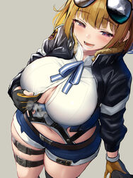  1boy aviator_sunglasses belt black_gloves black_jacket blue_shorts blush breasts brown_hair buckle bulge check_commentary commentary_request denim denim_shorts erection erection_under_clothes eyewear_on_head female girls&#039;_frontline gloves grizzly_mkv_(girls&#039;_frontline) heavy_breathing highres jacket large_breasts long_sleeves looking_at_viewer navel oekakizuki open_clothes open_jacket open_mouth paizuri_invitation shirt short_hair short_shorts shorts smile snap-fit_buckle solo_focus standing steaming_body straight sunglasses thigh_strap thighs white_shirt 