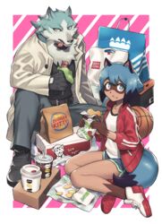  adidas anthro beef beef_jerky_(food) blue_body blue_eyes blue_fur blue_hair brand_new_animal brown_body brown_fur burger_king canid canine canis chips_(food) clothed clothing coat collar duo eating eating_food female fluffy fluffy_tail food footwear fully_clothed fur gloves hair handwear hi_res jacket kfc male mammal meat michiru_kagemori raccoon_dog sandwich_(food) shirou_ogami shoes studio_trigger subway_(restaurant) tail tanuki topwear white_body wolf yow 