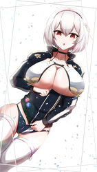  :o arm_under_breasts ass_visible_through_thighs azur_lane badge black_choker blue_buruma blue_jacket braid breast_curtains breasts buruma button_badge choker cleavage collarbone commentary_request cowboy_shot diffraction_spikes dutch_angle female french_braid frilled_choker frills hair_between_eyes hairband highres huge_breasts inconvenient_breasts jacket lace-trimmed_hairband lace_trim large_breasts lens_flare long_sleeves looking_at_viewer official_alternate_costume red_eyes red_hairband ribbon-trimmed_legwear ribbon_trim ru-ne short_hair sidelocks simple_background sirius_(azur_lane) sirius_(azure_horizons)_(azur_lane) skindentation solo standing thighhighs track_jacket white_background white_hair white_thighhighs zipping 