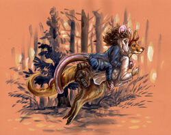  acrylic_painting_(artwork) ambiguous_gender american_opossum anthro boots bottomwear cadmiumtea clothing duo ears_up entwined_tails footwear forest forest_background hopping kangaroo looking_forward macropod mammal marsupial nature nature_background painting_(artwork) pants plant riding riding_on_back shirt side_view tail tail_coil topwear traditional_media_(artwork) tree 