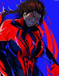  abs absurdres angry blue_hair bodysuit breasts brown_hair clenched_teeth colored_inner_hair commentary female genderswap_(mtf) highres huge_breasts impossible_bodysuit impossible_clothes kurenaiz_(kuayrenaiz) marvel miguel_o&#039;hara multicolored_hair red_eyes rule_63 solo spider-man:_across_the_spider-verse spider-man_(2099) spider-man_(series) spider-verse teeth twitter_username two-tone_hair upper_body v-shaped_eyebrows 