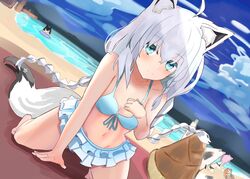  4girls absurdres ahoge alternate_hairstyle animal_ear_fluff animal_ears aqua_eyes bamboo_shoot bare_legs barefoot beach beach_towel bikini bikini_skirt black_hair blue_bikini blue_sky blush braid breasts buried cameo cleavage closed_mouth cloud cloudy_sky commentary day dutch_angle fox_ears fox_girl fox_tail frilled_bikini frills groin hair_between_eyes hand_on_own_chest highres hitachi_sou hololive hololive_gamers inugami_korone kneeling long_hair looking_at_viewer medium_breasts multicolored_hair multiple_girls navel nekomata_okayu ocean ookami_mio orange_hair oruyanke_(shirakami_fubuki) outdoors pink_hair red_hair sand shade shirakami_fubuki shirakami_fubuki_(hololive_summer_2019) side_braid sky smile solo_focus streaked_hair swimsuit tail towel twin_braids twintails two-tone_hair virtual_youtuber white_hair 