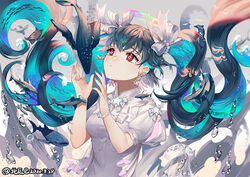  animal aqua_hair arms_up artist_name balusah bird blue_hair blue_nails breasts chinese_commentary closed_mouth collar commentary_request dated dress ear_piercing earrings fantasy female fish floating floating_hair grey_background grey_hair hair_between_eyes hair_ornament hair_ribbon halo hammerhead_shark humpback_whale jewelry liquid_hair looking_up multicolored_hair nail_polish ocean original penguin photoshop_(medium) piercing puffy_short_sleeves puffy_sleeves red_eyes ribbon sea_turtle shark short_sleeves simple_background solo striped turtle upper_body vertical_stripes waves wavy_hair whale whale_shark white_dress white_ribbon witch 