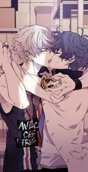  175x172nyrn 2boys arm_grab asahi_nayuta bad_id bad_twitter_id bishounen blue_hair blush bracelet film_grain french_kiss from_argonavis highres hug jewelry kissing looking_to_the_side male_focus md5_mismatch multiple_boys nanahoshi_ren ring storage_room tank_top white_hair yaoi 