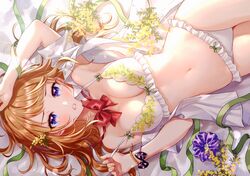  aqua_eyes blush bow bra brown_hair flowers long_hair morikura_en navel open_shirt original panties ribbons scan underwear wristwear 