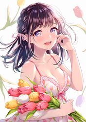  absurdres bare_arms bare_shoulders blush bow bowtie breasts brown_eyes brown_hair cleavage collarbone dress female fingernails floral_print flower frilled_dress frills hand_up highres holding long_hair looking_at_viewer medium_breasts morikura_en non-web_source open_mouth original purple_eyes scan simple_background smile solo teardrop tears tied_hair upper_body 