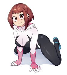  arttmadness ballet_slippers black_bodysuit bodysuit boku_no_hero_academia breasts brown_eyes brown_hair closed_mouth cosplay ear_piercing female highres hood hooded_bodysuit large_breasts looking_at_viewer marvel multicolored_bodysuit multicolored_clothes piercing pink_bodysuit print_bodysuit shadow smile solo spider-gwen spider-gwen_(cosplay) spider-man_(series) spider_web_print superhero_costume uraraka_ochako white_background white_bodysuit 