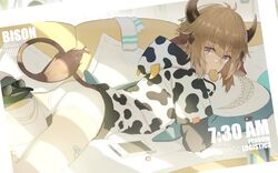  1boy animal_ears animal_print arknights ass bad_id bad_twitter_id bird bison_(arknights) briefs brown_eyes brown_hair cellphone cow_boy cow_ears cow_hood cow_horns cow_print cow_tail emperor_(arknights) emperor_penguin from_behind highres horns inactive_account looking_at_viewer looking_back luye_yuan male_focus male_underwear penguin penguin_logistics_(arknights) phone tail underwear 