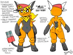  4:3 ailurid android animatronic anthro bottomless clothed clothing countershading durg_(artist) durglet english_text gloves_(marking) grey_body grey_countershading hat headgear headwear kerchief leg_markings machine mammal markings mili_raichu multicolored_body neckerchief orange_body plug rat_tail red_clothing red_hat red_headwear red_panda robot simple_background socks_(marking) tail text two_tone_body white_background 