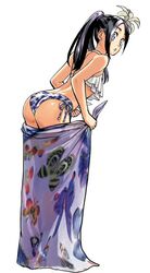  arm_up ass bent_over bikini black_hair blue_eyes blue_hair breasts female flower hair_ornament looking_at_viewer looking_back medium_breasts multicolored_hair murata_yuusuke official_art one-punch_man open_mouth ponytail sansetsukon_no_lily sarong simple_background solo source_request swimsuit two-tone_hair underwear white_background 