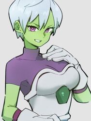  bodysuit breasts cheelai colored_skin commentary_request dragon_ball dragon_ball_super female gloves green_skin grey_background kemachiku looking_at_viewer medium_breasts pink_eyes purple_bodysuit short_hair simple_background smile solo upper_body white_gloves white_hair 