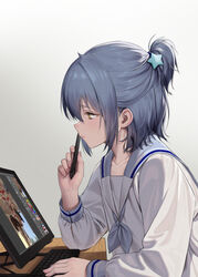  blue_hair blue_neckerchief blue_sailor_collar closed_mouth drawing_tablet female from_side gradient_background grey_background hair_ornament haneru haori_haruki himitsu_no_jugyou holding holding_stylus long_sleeves neckerchief one_side_up profile sailor_collar school_uniform serafuku shirt short_hair solo star_(symbol) star_hair_ornament stylus upper_body white_shirt yellow_eyes 