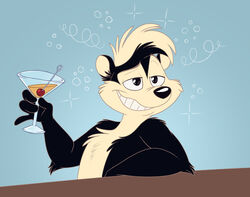  4_fingers anthro arm_support beverage black_body black_fur cocktail_glass container cup drinking_glass drunk eyebrows fingers fur glass glass_container glass_cup half-closed_eyes holding_beverage holding_object leaning_on_elbow looney_tunes male mammal mephitid mimi-fox narrowed_eyes pepe_le_pew portrait raised_eyebrow raised_finger raised_pinky simple_background skunk smile solo striped_body striped_fur striped_skunk stripes substance_intoxication three-quarter_portrait warner_brothers white_body white_fur 