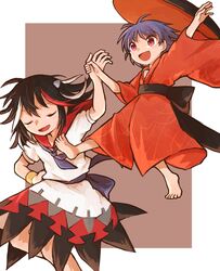  2girls arm_up arrow_print bad_id bad_twitter_id barefoot black_hair black_sash blue_neckwear blue_ribbon blush bowl bowl_hat closed_eyes cone_horns donki_(yeah) grey_horns hair_between_eyes hand_grab hat highres horns japanese_clothes kijin_seija kimono long_sleeves multicolored_hair multiple_girls open_mouth puffy_short_sleeves puffy_sleeves purple_hair red_eyes red_hair red_kimono ribbon sash short_hair short_sleeves small_horns smile streaked_hair sukuna_shinmyoumaru touhou white_hair wide_sleeves 