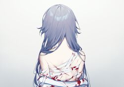  absurdres back bandaged_chest bandaged_torso blood blood_on_back blue_hair chinese_clothes clothes_pull female from_behind fu_hua fu_hua_(azure_empyrea) fu_hua_(taixuan_impression) grey_hair hair_down hand_on_own_arm hanfu highres honkai_(series) honkai_impact_3rd injury long_hair saya_atang scar scar_on_back simple_background solo unworn_clothes upper_body white_background white_hanfu 