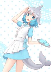  :d absurdres alternate_costume blue_eyes blue_hair center_frills cetacean_tail commentary common_bottlenose_dolphin_(kemono_friends) dorsal_fin dress female fins fish_tail food frills grey_hair highres japari_bun kemono_friends looking_at_viewer medium_hair multicolored_hair open_mouth salute shiraha_maru short_sleeves simple_background smile solo tail tray two-tone_hair 