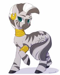  2020 4:5 cutie_mark digital_media_(artwork) dock_(anatomy) ear_piercing ear_ring equid equine eyebrows eyelashes female feral friendship_is_magic fur gold_(metal) green_eyes grey_body grey_fur grey_hair grey_stripes grey_tail hair hasbro helemaranth hooves jewelry looking_aside mammal markings mohawk multicolored_hair my_little_pony neck_ring piercing raised_leg ring_piercing signature simple_background smile solo standing striped_body stripes tail two_tone_hair two_tone_tail white_background white_hair zebra zecora_(mlp) 