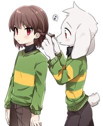  asriel_dreemurr big_ears blush boss_monster_(undertale) bovid braided_hair braiding_hair brown_hair caprine chara_(undertale) clothed clothing duo hair happy human male mammal monster musical_note personal_grooming porygonleft red_eyes simple_background styling_hair undertale undertale_(series) white_background young 