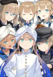  1boy 2others 3girls aqua_eyes baker_nemo_(fate) black_headwear blue_hair braid braided_ponytail captain_nemo_(fate) closed_eyes collared_shirt commentary engineer_nemo_(fate) fate/grand_order fate_(series) food glasses gradient_hair hand_on_own_hip hat highres holding holding_food long_hair looking_at_viewer marine_nemo_(fate) military military_uniform multicolored_hair multiple_girls multiple_others naval_uniform nemo_(fate) nonono_(nononotea) nurse_cap nurse_nemo_(fate) platinum_blonde_hair professor_nemo_(fate) shirt short_twintails smile tan turban twintails uniform 