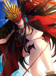  arm_on_knee barefoot bikini black_hair breasts coat coat_on_shoulders fate/grand_order fate_(series) feet female foot_out_of_frame from_below hat headphones highres nmz_(namazu) oda_nobunaga_(fate) oda_nobunaga_(swimsuit_berserker)_(fate) oda_nobunaga_(swimsuit_berserker)_(second_ascension)_(fate) over_shoulder red_eyes small_breasts smile solo swimsuit toes weapon weapon_over_shoulder 