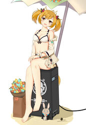  :d absurdres animal_ears arknights bare_legs bare_shoulders barefoot beach_umbrella bikini blonde_hair breasts cable cleavage collarbone commentary_request female garcinia2psk hair_bobbles hair_ornament head_tilt highres jacket long_sleeves looking_at_viewer medium_breasts navel off_shoulder open_clothes open_jacket open_mouth penguin_logistics_logo short_hair simple_background sitting smile solo sora_(arknights) sora_(summer_flowers)_(arknights) stomach swimsuit twintails umbrella white_background white_bikini white_jacket wolf_ears yellow_eyes 