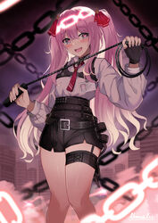  absurdres artist_name belt black_belt black_choker black_gloves black_shorts blush chains choker cityscape collared_shirt colored_inner_hair dominatrix female fingerless_gloves flat_chest gloves goddess_of_victory:_nikke gradient_hair hair_ribbon heart heart-shaped_pupils high-waist_shorts highres holding holding_whip id_card long_hair long_sleeves mole mole_under_mouth multicolored_hair namakisama necktie open_mouth pink_hair purple_eyes red_necktie red_ribbon ribbon shirt shirt_tucked_in short_necktie shorts sidelocks single_glove smile solo symbol-shaped_pupils teeth thigh_strap thighs upper_teeth_only white_hair white_shirt yuni_(nikke) 