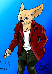  absurd_res anthro ardi127 black_nose blue_background bottomwear brown_eyes canid canine clothing disney fennec_fox finnick_(zootopia) fox green_clothing hi_res jacket leather leather_clothing leather_jacket leather_topwear male mammal shirt simple_background smoking solo topwear true_fox white_clothing white_shirt white_topwear zootopia 