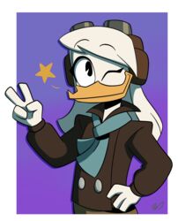  2022 4_fingers alpha_channel anatid anseriform anthro avian beak biped bird clothed clothing davitt_eleanor della_duck disney duck ducktales ducktales_(2017) eyewear eyewear_on_head female fingers front_view gesture goggles goggles_on_head hair half-length_portrait hand_gesture hand_on_hip hi_res looking_at_viewer one_eye_closed portrait purple_background simple_background smile solo star v_sign white_body wink yellow_beak 