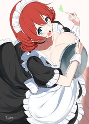  apron black_dress blue_eyes blush breast_press breasts cleavage dress emma_verde female freckles from_above highres holding holding_tray huge_breasts index_finger_raised long_dress looking_at_viewer love_live! love_live!_nijigasaki_high_school_idol_club maid maid_headdress medium_hair open_mouth puffy_short_sleeves puffy_sleeves red_hair short_sleeves solo tarakon tray waist_apron white_apron wrist_cuffs 